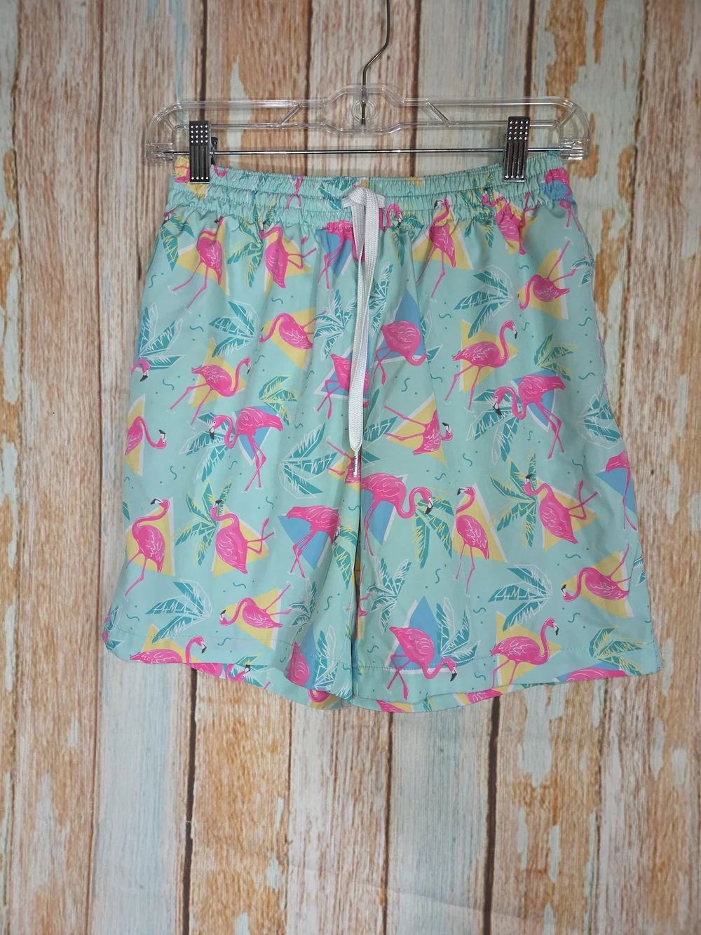 Chubbies Aqua Flamingo Print Drawstring Swim Trunks. Size Small. 7